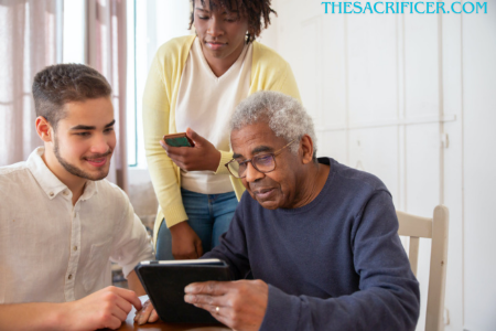 father and son discussing with old age home expert