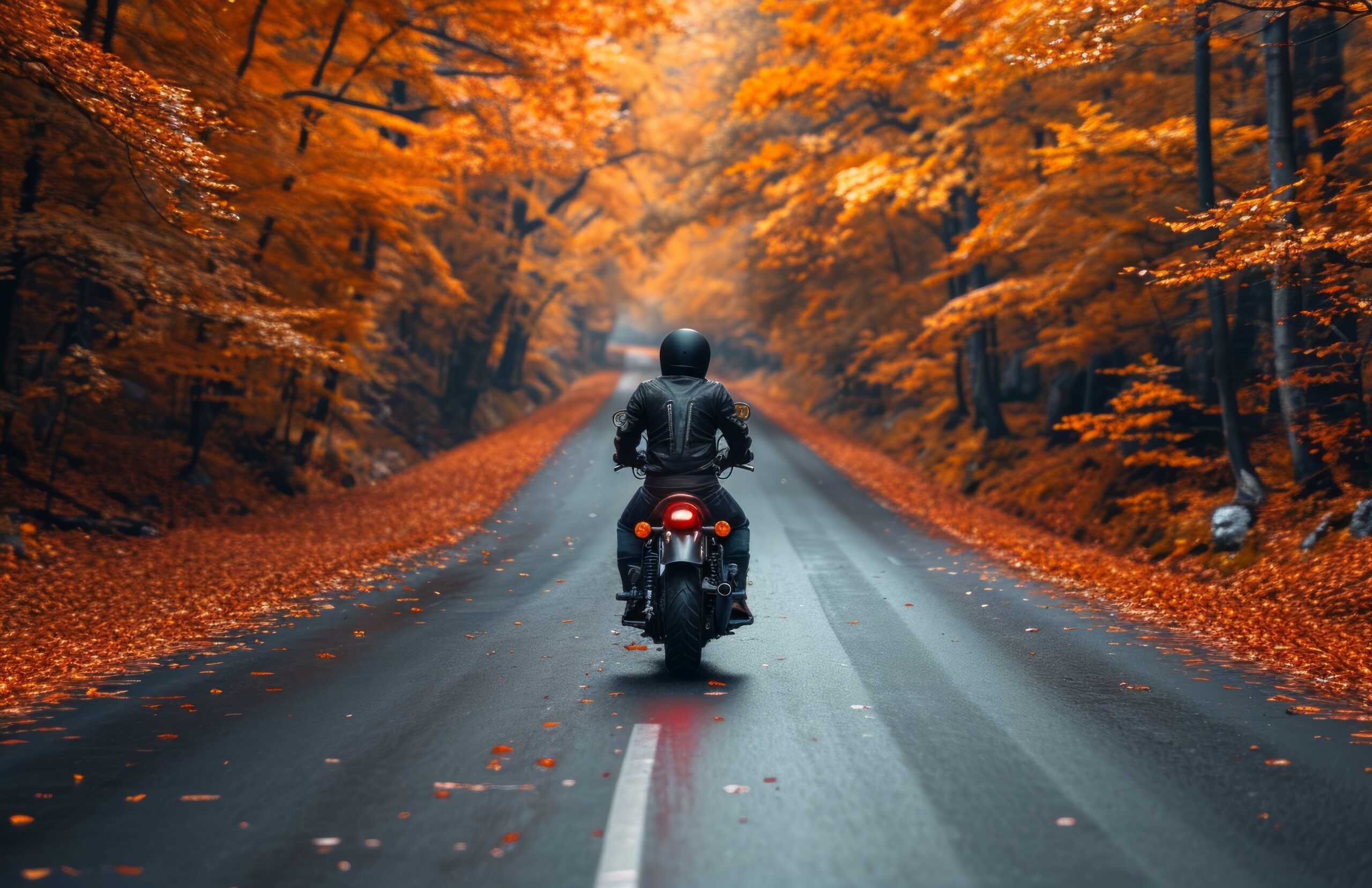 man riding a bike at a silent road during autumn